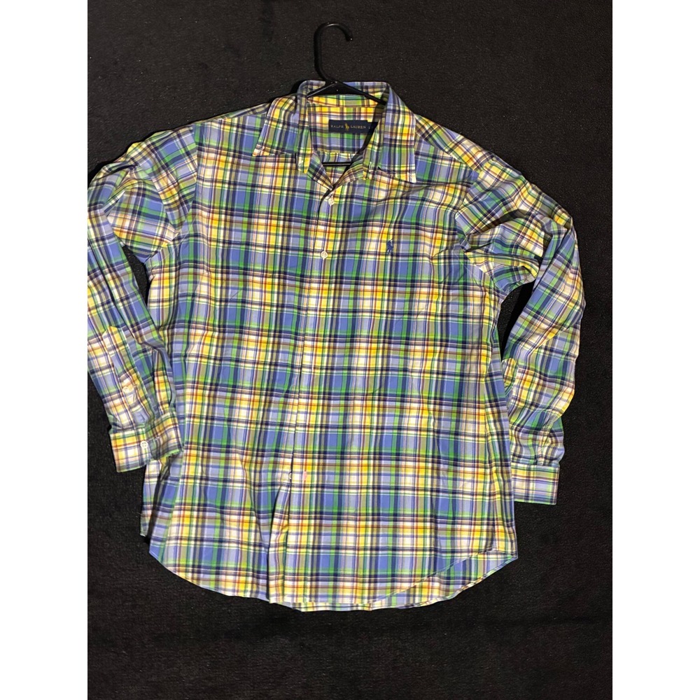 Ralph Lauren Mens Large Plaid Button Down Shirt Blue Green Yellow Long Sleeve